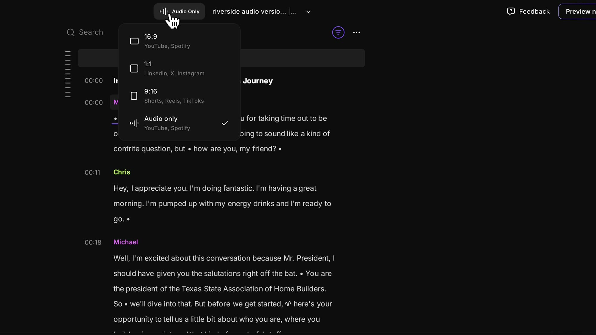 Riverside format selector dropdown showing 16:9, 1:1, 9:16, and Audio only options