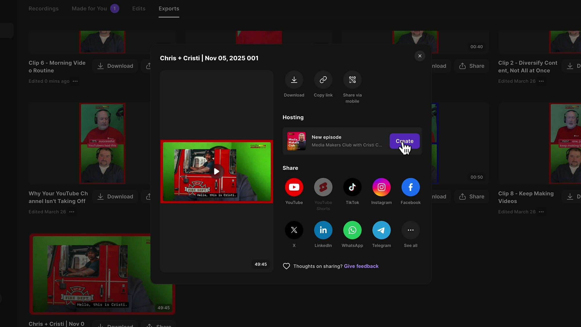 Riverside Share dialog showing Hosting section with New Episode option and social media sharing buttons