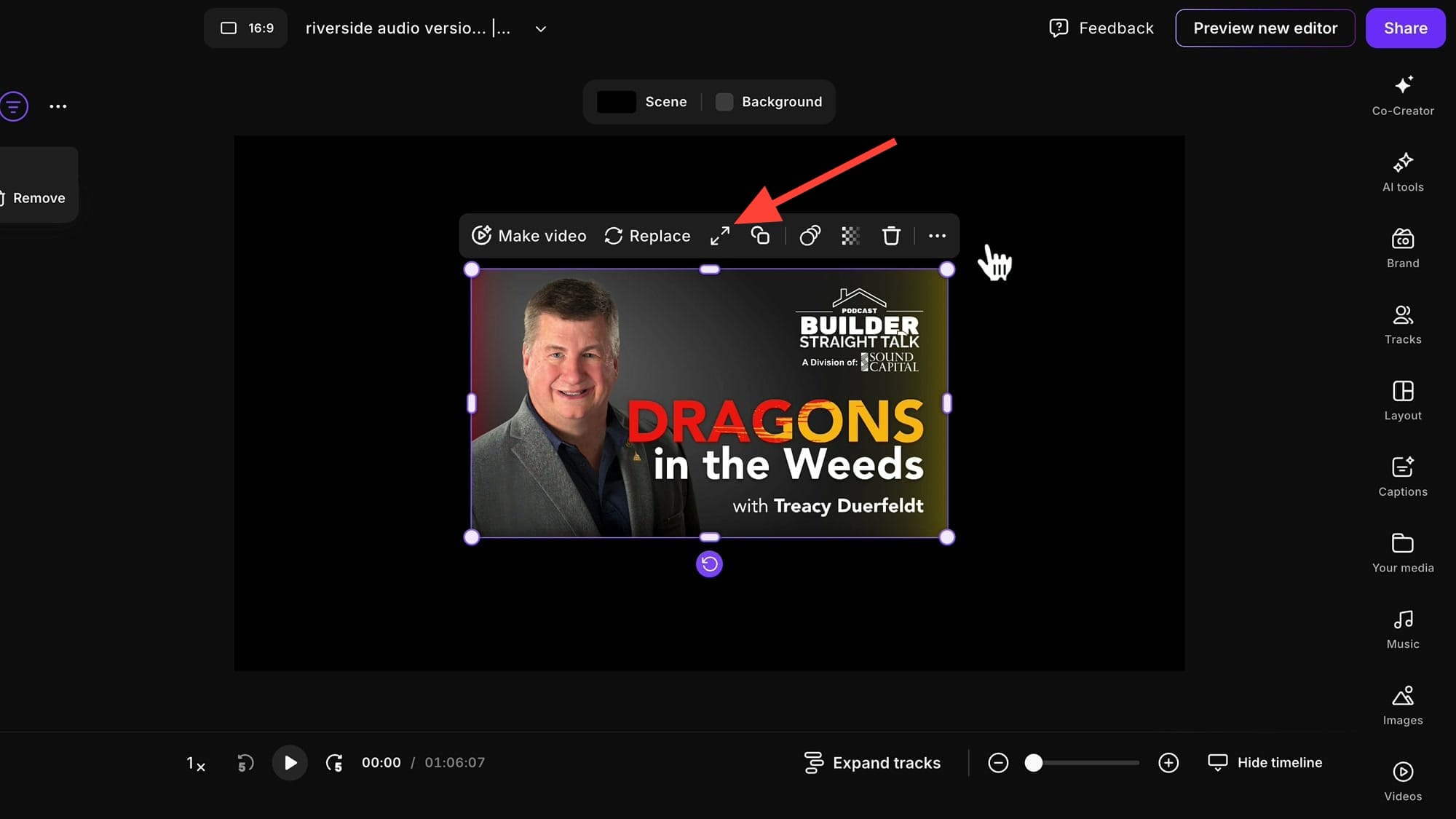 Riverside editor showing a podcast cover image added to the video canvas with selection handles and a Make video, Replace toolbar