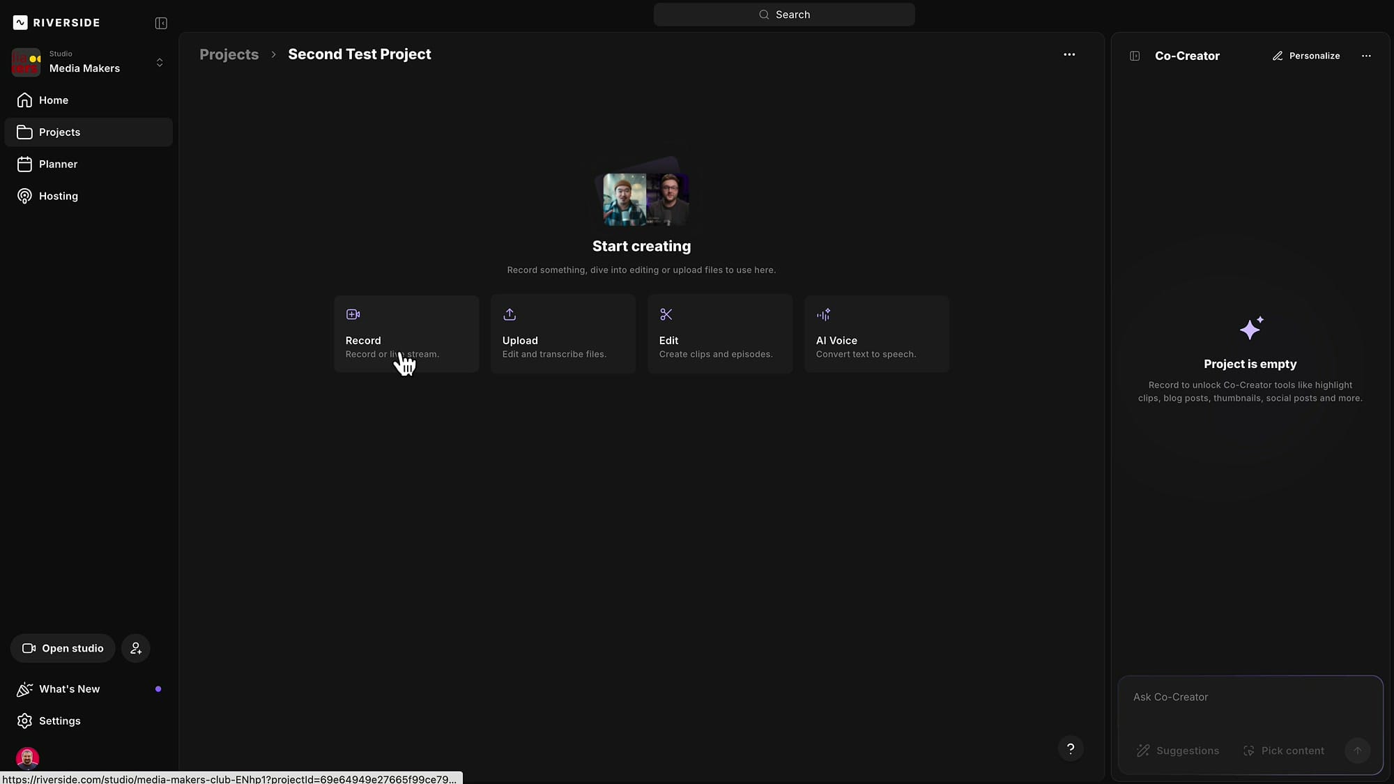 Riverside new empty project page titled Second Test Project with Start creating options for Record, Upload, Edit, and AI Voice