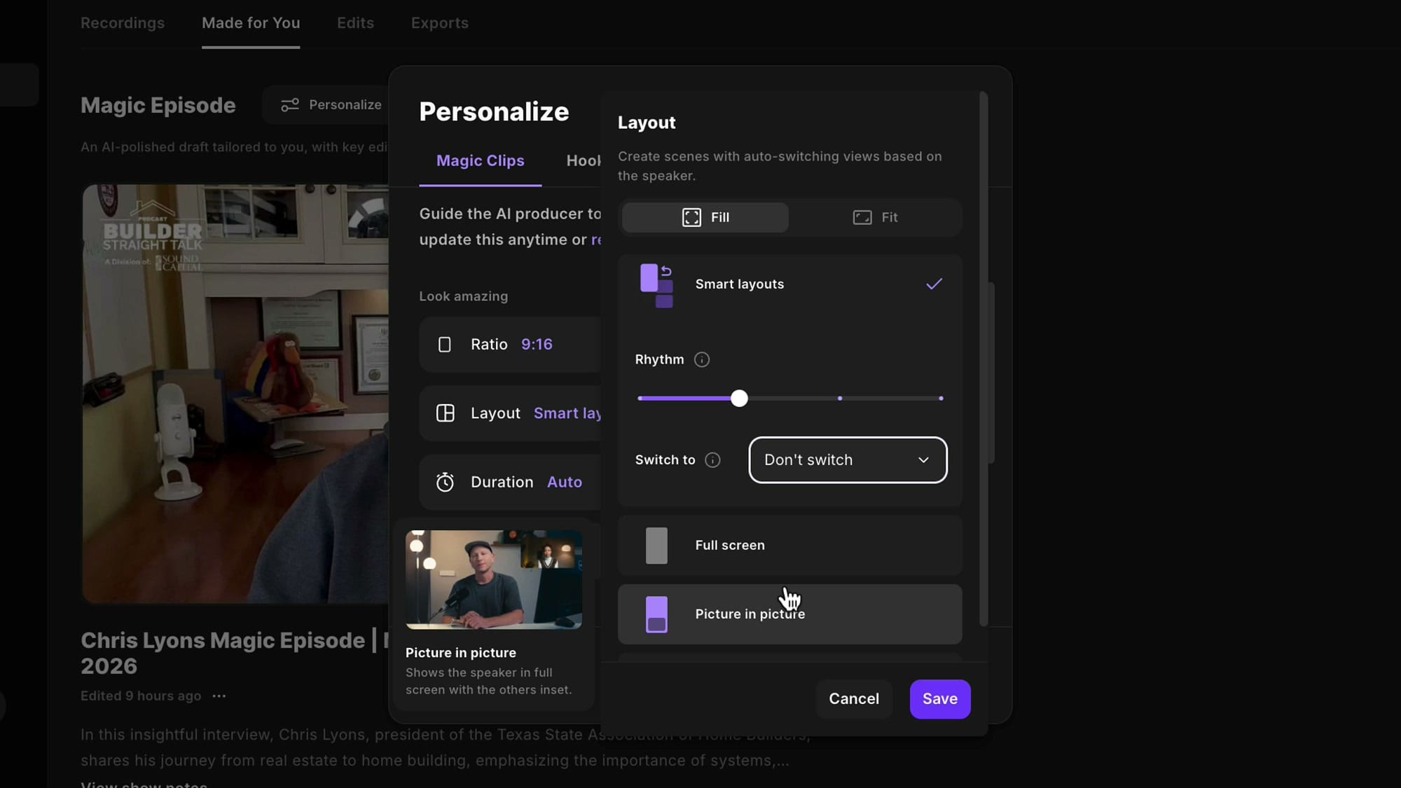 Magic Clips Layout expanded showing Smart layouts with rhythm slider and switch-to options