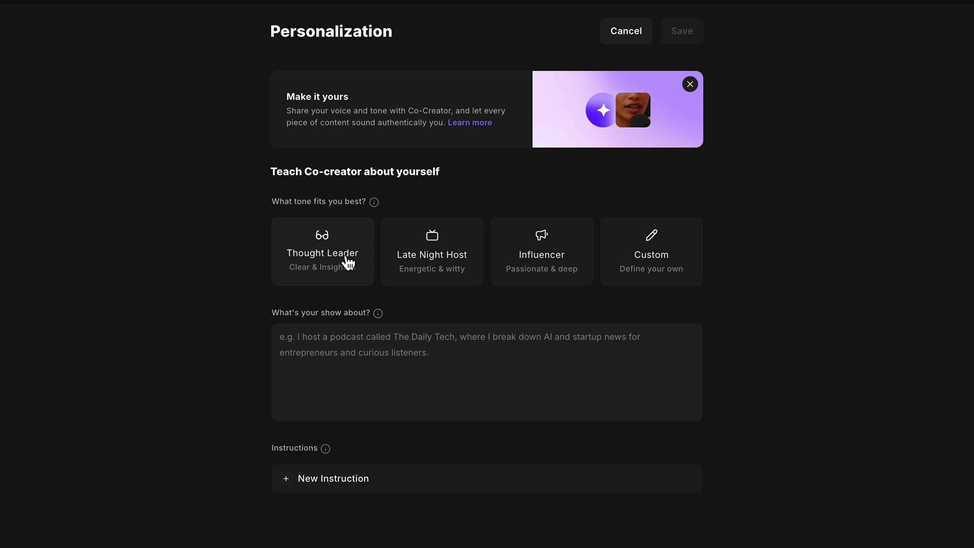Co-creator Personalization page showing tone presets: Thought Leader, Late Night Host, Influencer, Custom