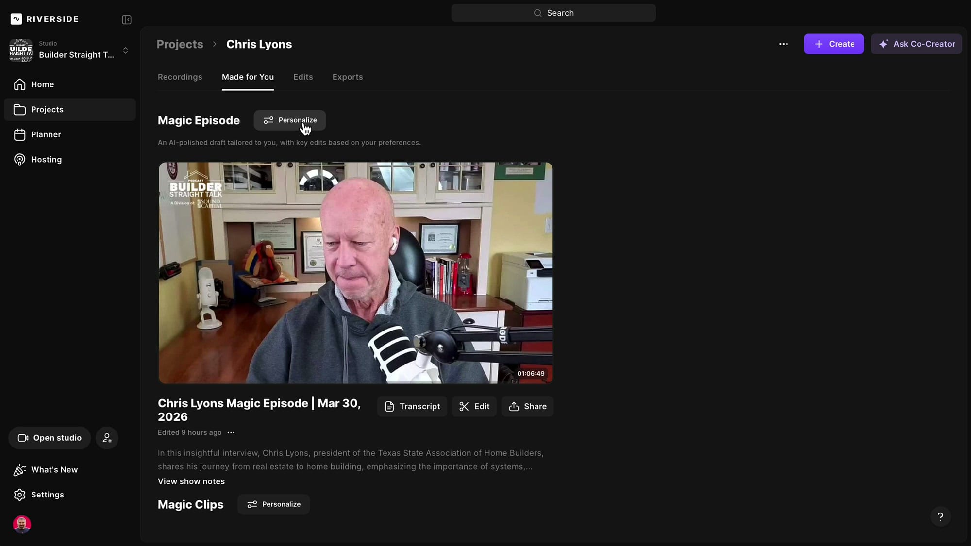 Riverside Made For You section showing Magic Episode with Personalize button