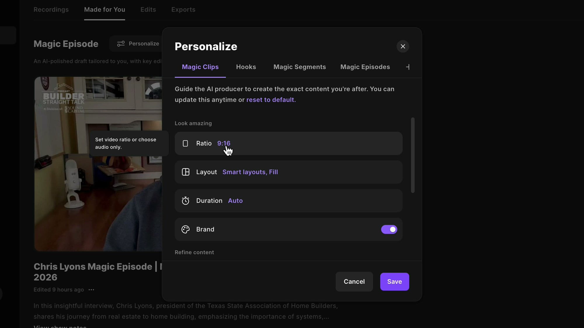 Personalize dialog for Magic Clips showing Ratio, Layout, Duration, and Brand settings