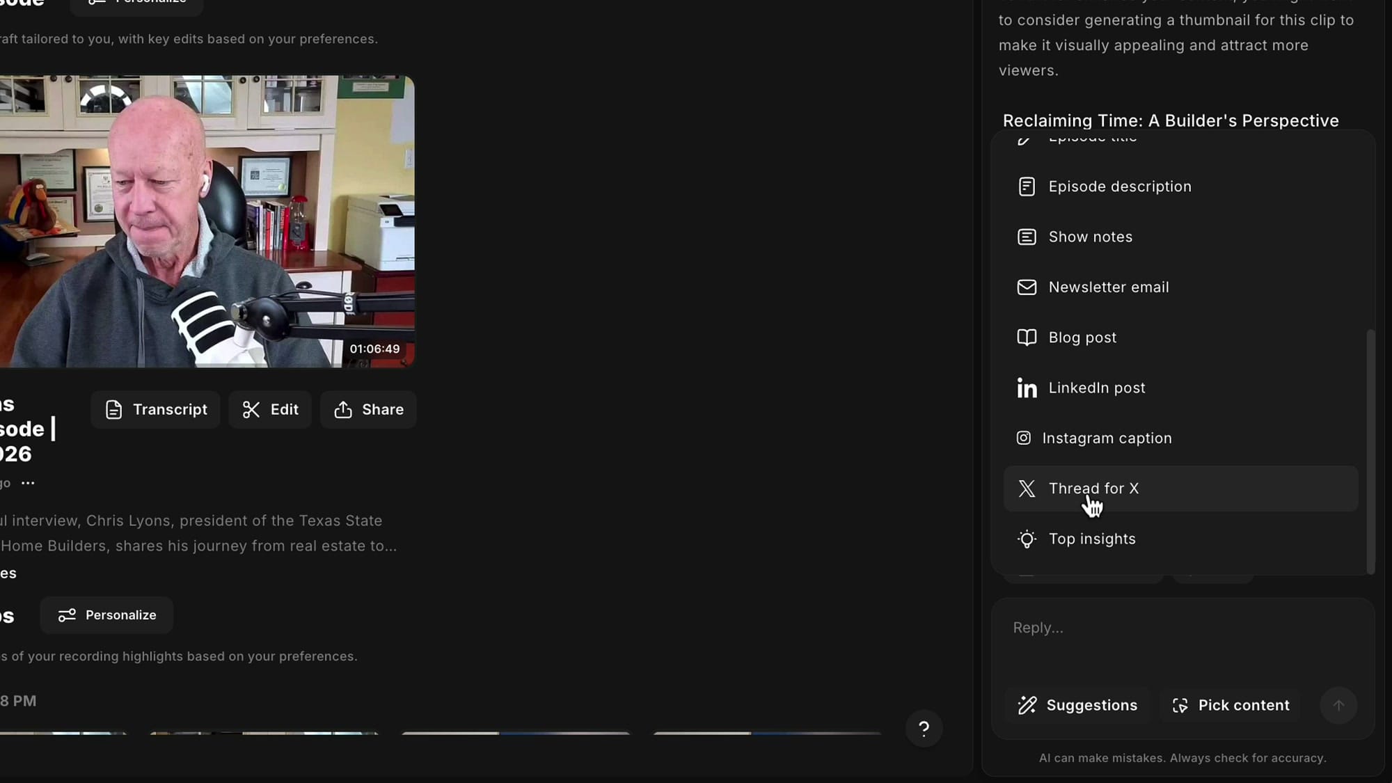 Co-creator suggestions menu showing Episode description, Show notes, Newsletter email, Blog post, LinkedIn post, Instagram caption, Thread for X
