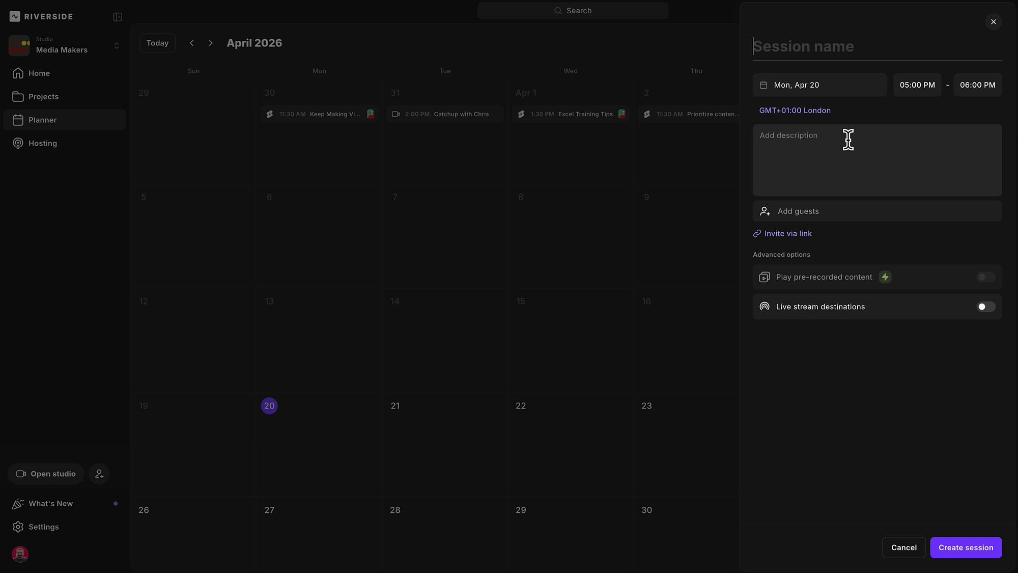 Riverside Planner calendar view with a Session name scheduling panel open on the right showing date, time, guests, and advanced options