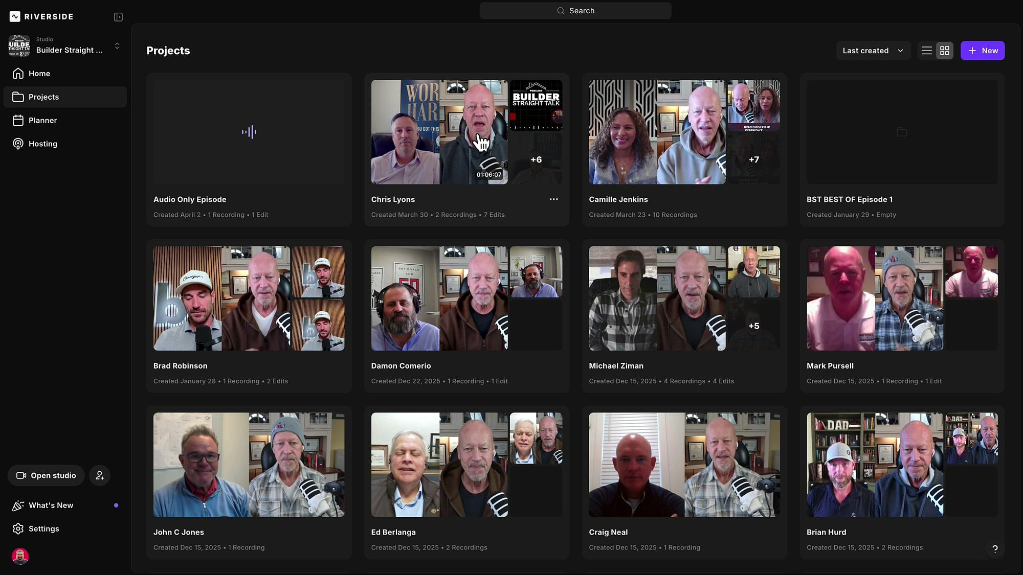 Riverside Projects tab showing a grid of project folders for different guests with thumbnails, names like Audio Only Episode, Chris Lyons, Camille Jenkins, Brad Robinson, Damon Comerio, showing recording counts and creation dates