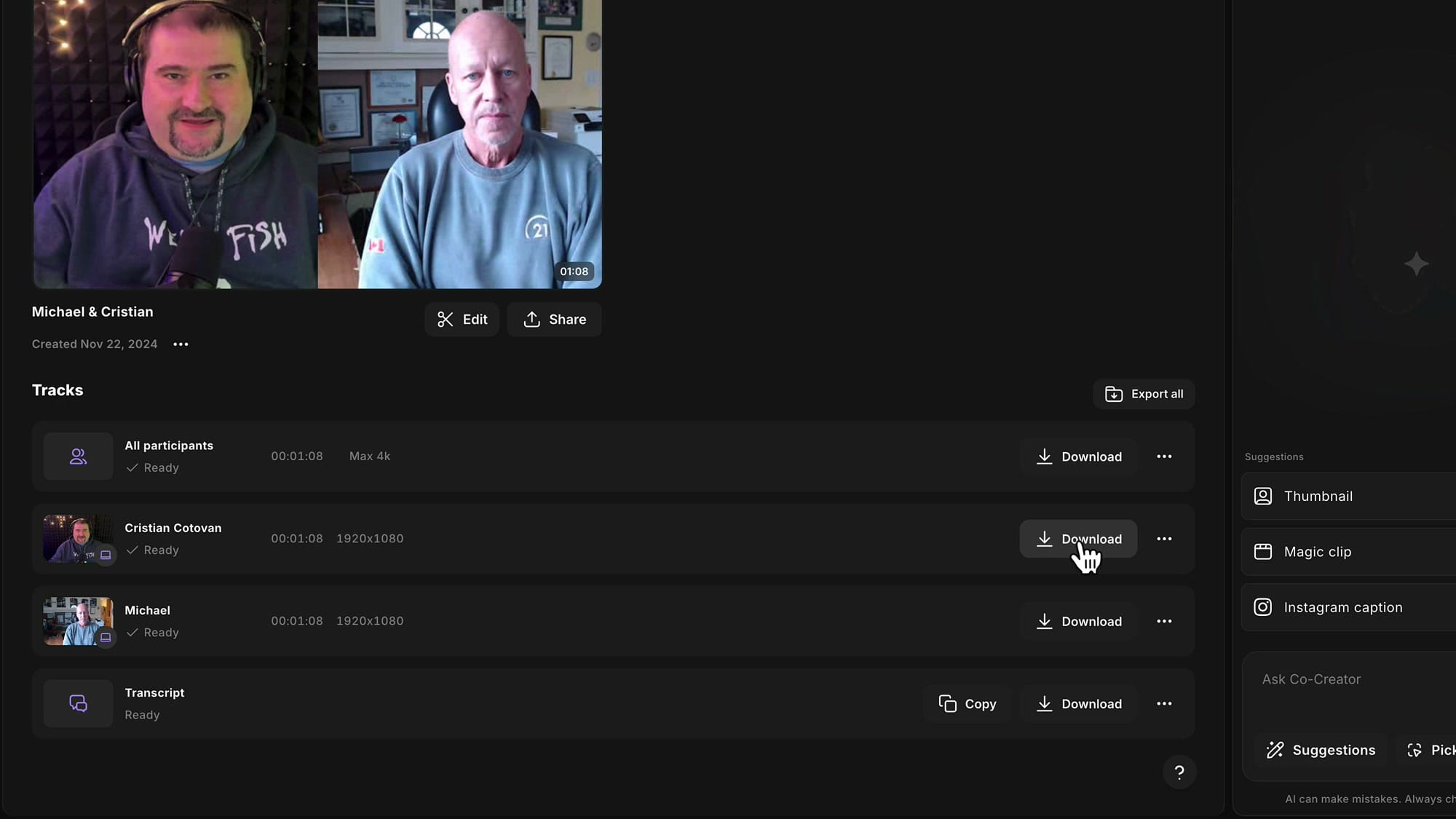 Riverside Recordings tab showing per-speaker download buttons for the raw, unedited files