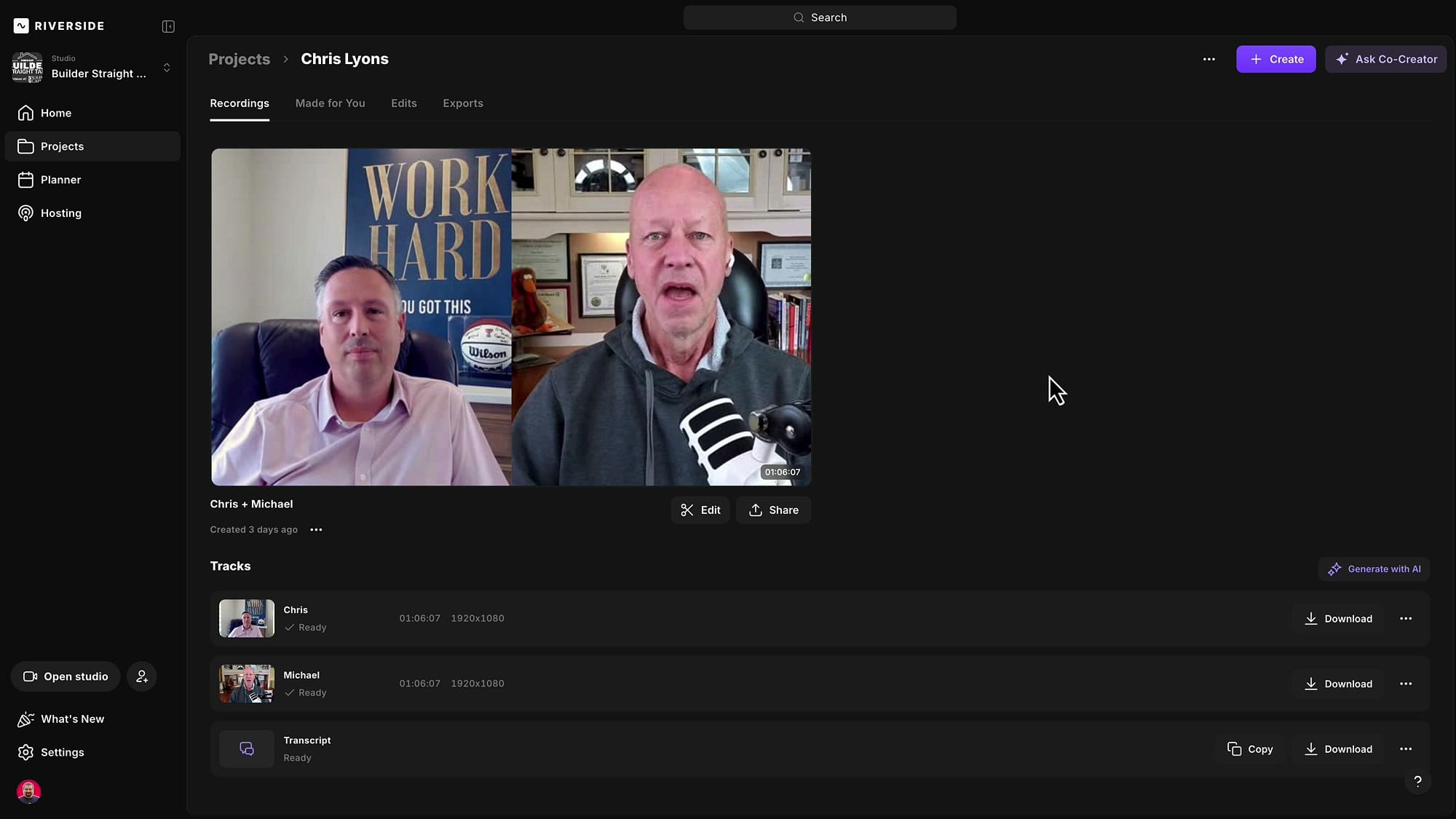 Riverside Recordings tab showing two speaker tracks (Chris and Michael) with Edit and Share buttons