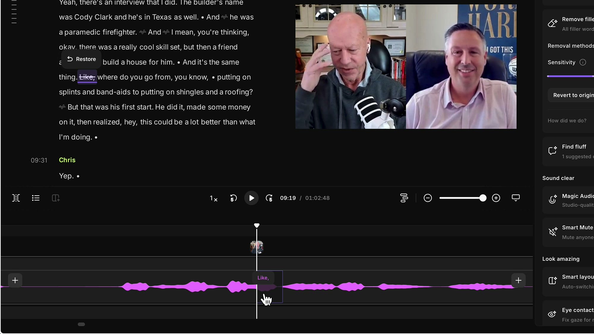 Riverside timeline zoomed in showing a deleted word on the waveform with a Restore button visible above