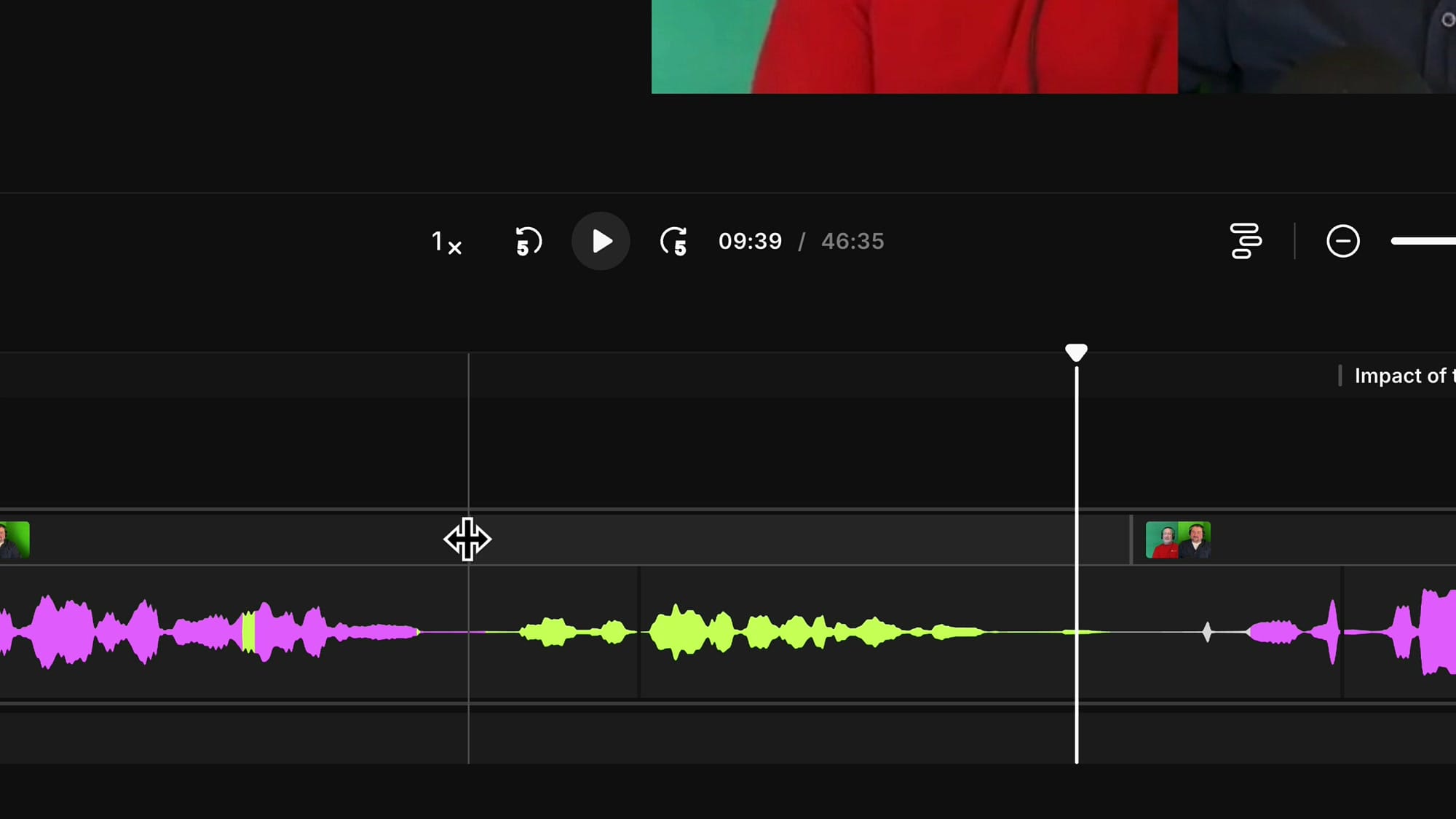 Riverside timeline showing scene boundary with This scene and Similar scenes options and a drag cursor