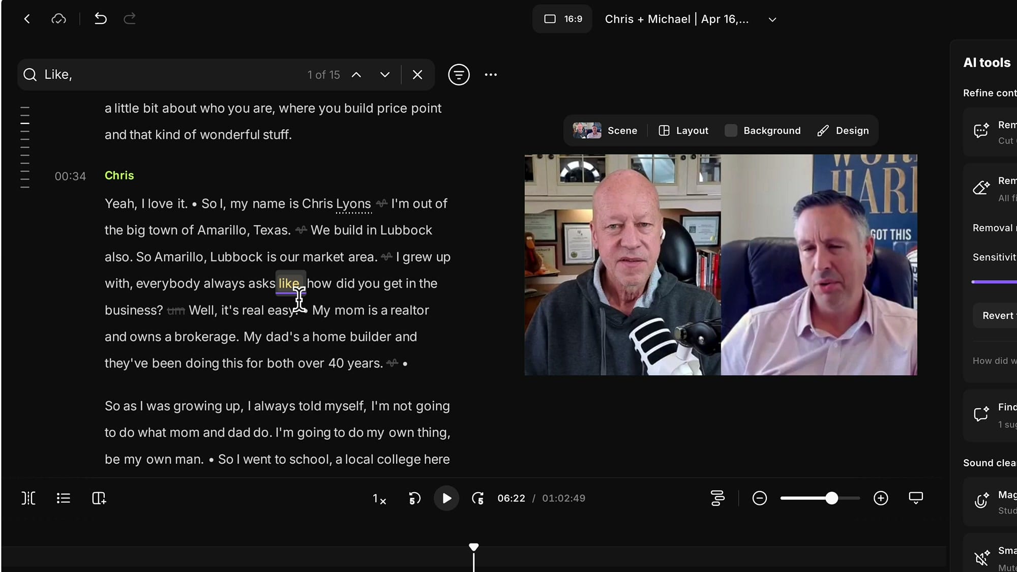 Riverside transcript search bar with Like comma typed showing 1 of 15 matches highlighted in the transcript