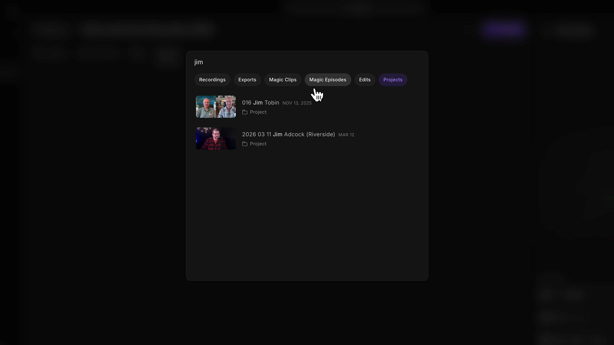 Riverside search dialog with 'jim' typed showing filtered results under Projects tab with matching projects 016 Jim Tobin and 2026 03 11 Jim Adcock