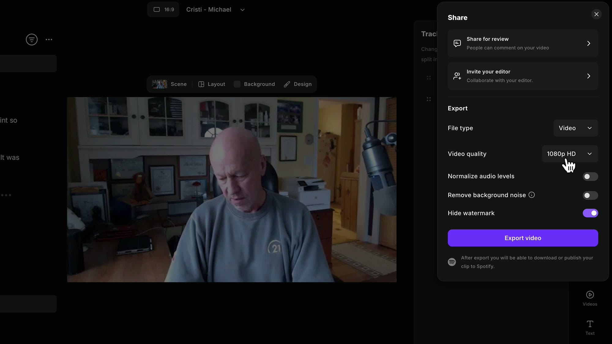 Riverside Share panel with Video file type selected and 1080p HD video quality