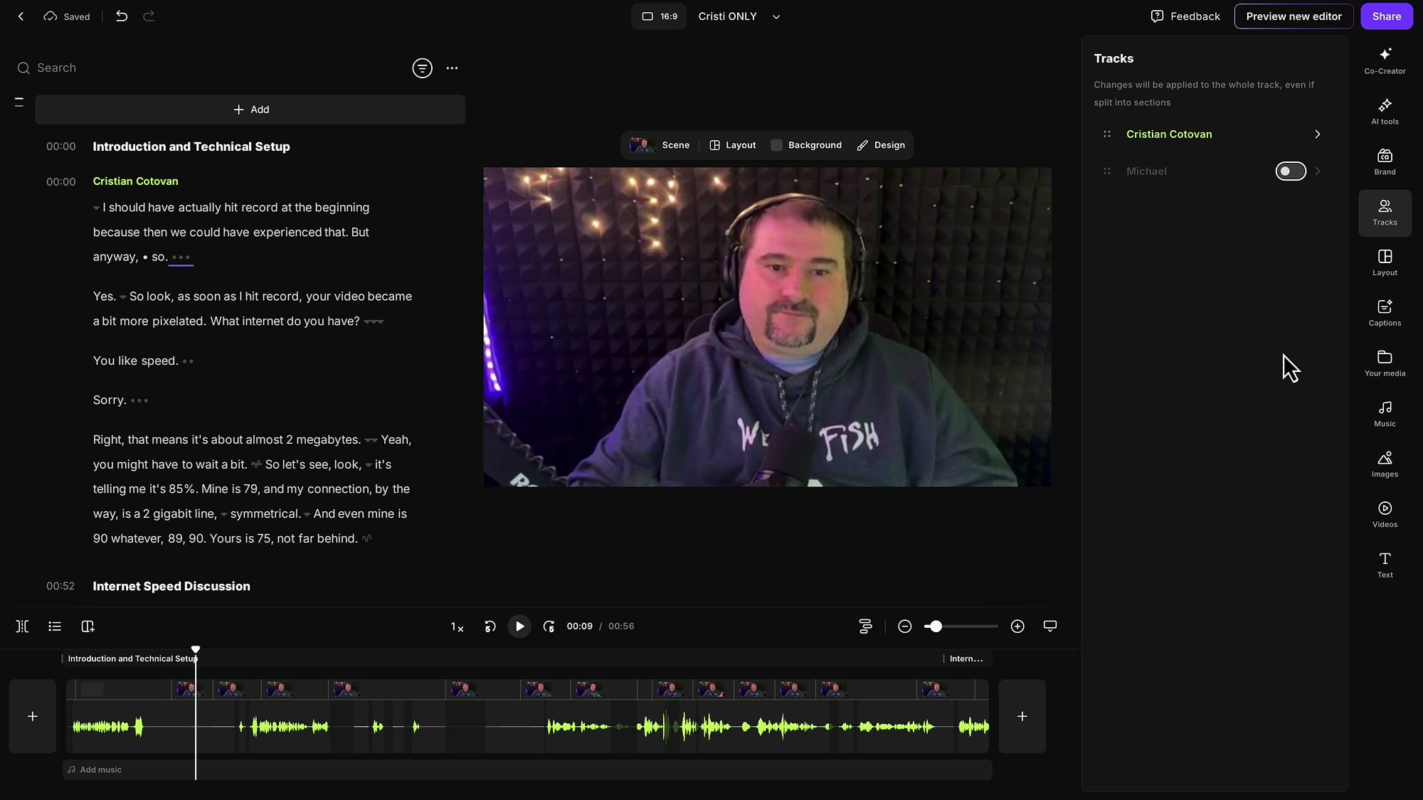Riverside editor showing single-speaker layout with the muted speaker no longer visible side-by-side
