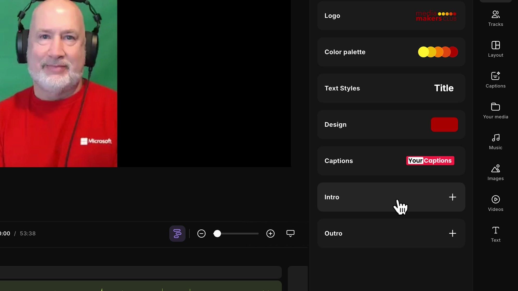 Riverside Brand panel showing Logo, Color palette, Text Styles, Design, Captions, Intro, and Outro settings with a Media Makers Club logo configured