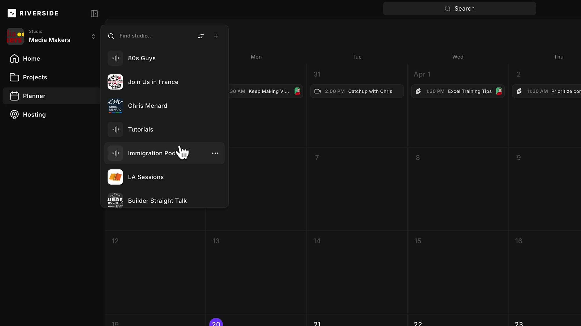 Riverside studio selector dropdown showing a list of studios including 80s Guys, Join Us in France, Chris Menard, Tutorials, Immigration Podcast, LA Sessions, Builder Straight Talk