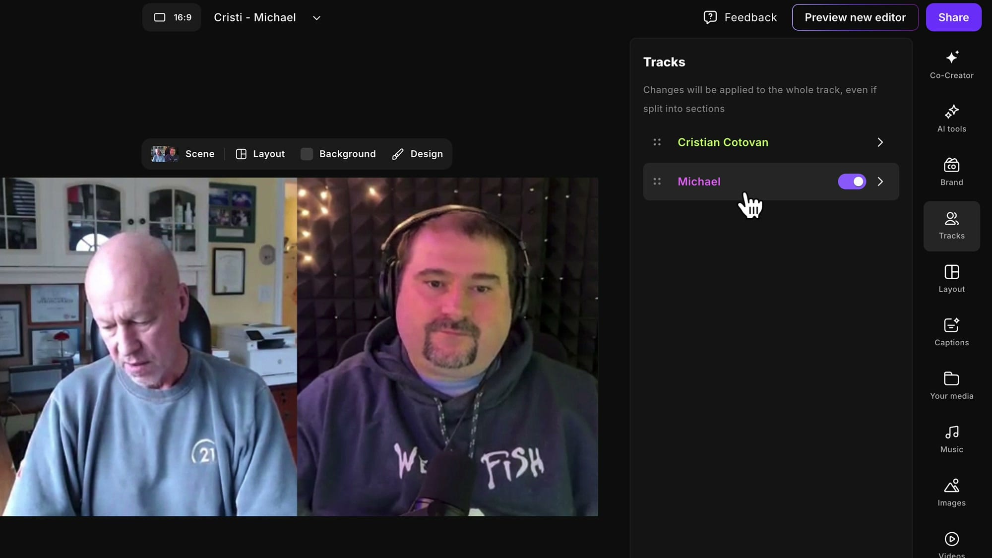 Riverside Tracks panel showing two speakers (Cristian Cotovan and Michael) with one toggled on
