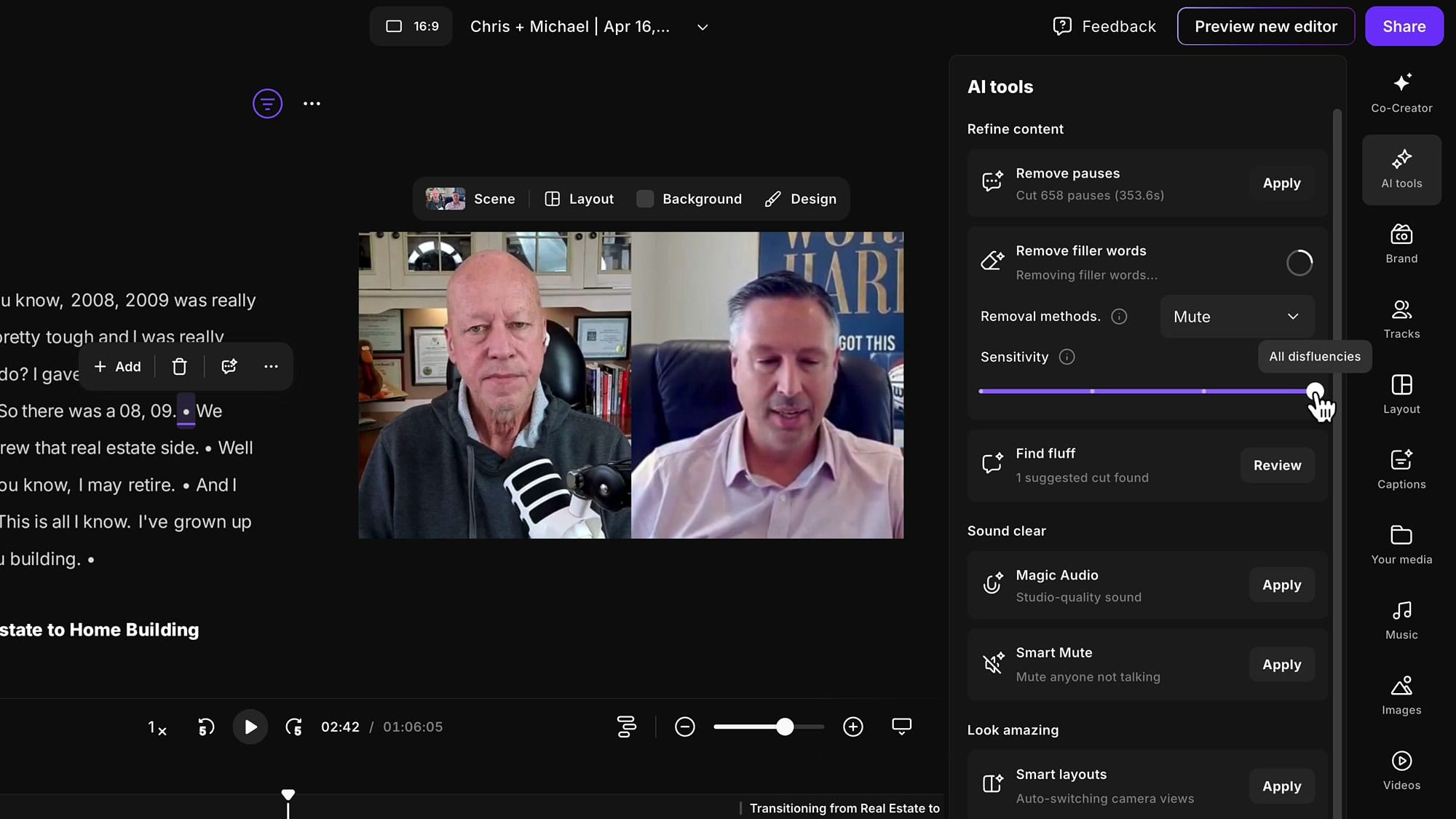 Riverside editor transcript showing filler words grayed out after the Remove filler words AI tool was applied with Mute method