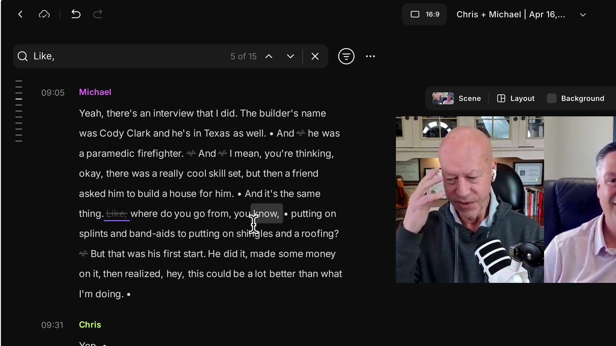 Riverside transcript showing a deleted Like filler word crossed out after manual removal