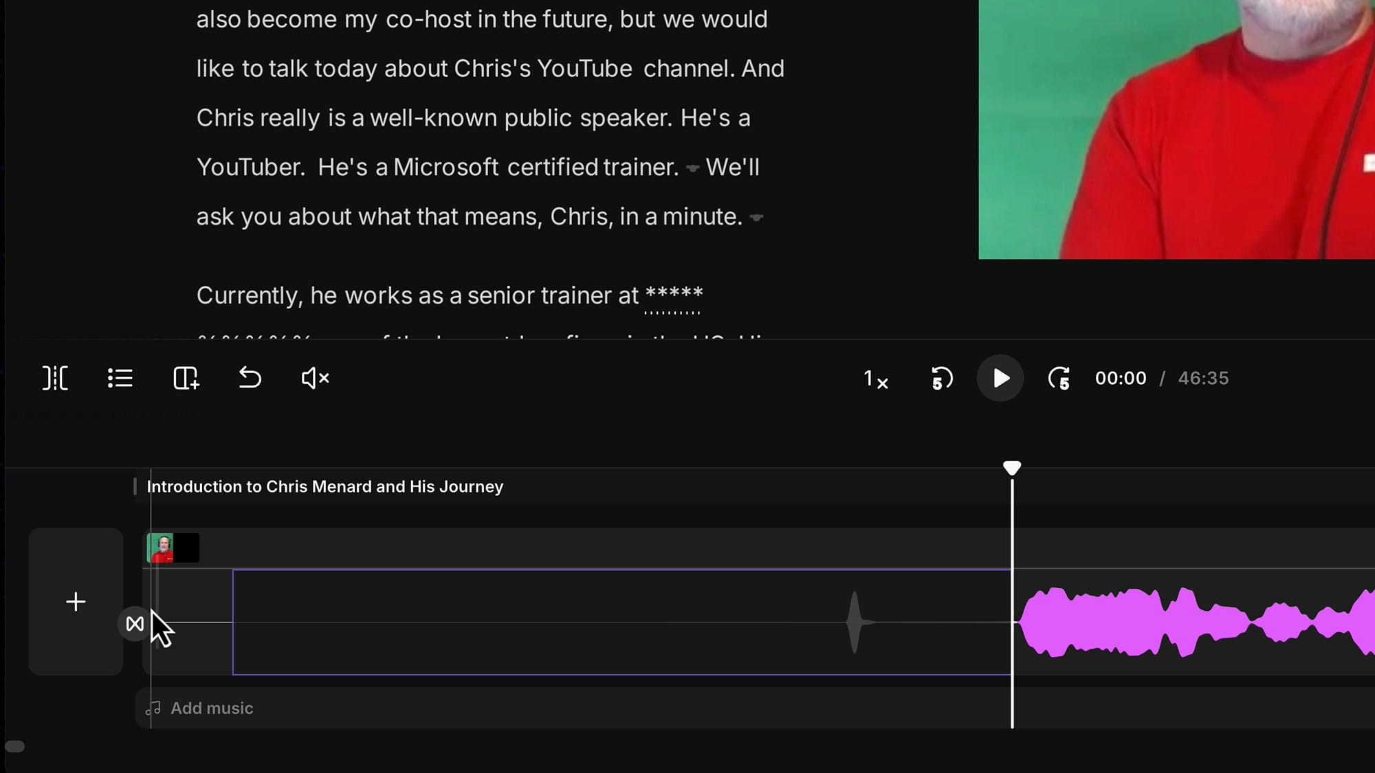 Zoomed-in view of a deleted waveform region in the Riverside timeline