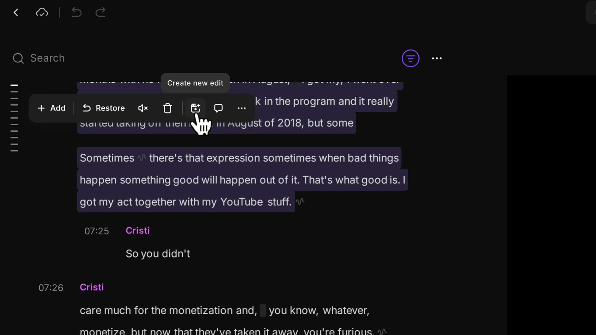 Selected transcript text in the Riverside editor with a Create new edit tooltip on the floating toolbar