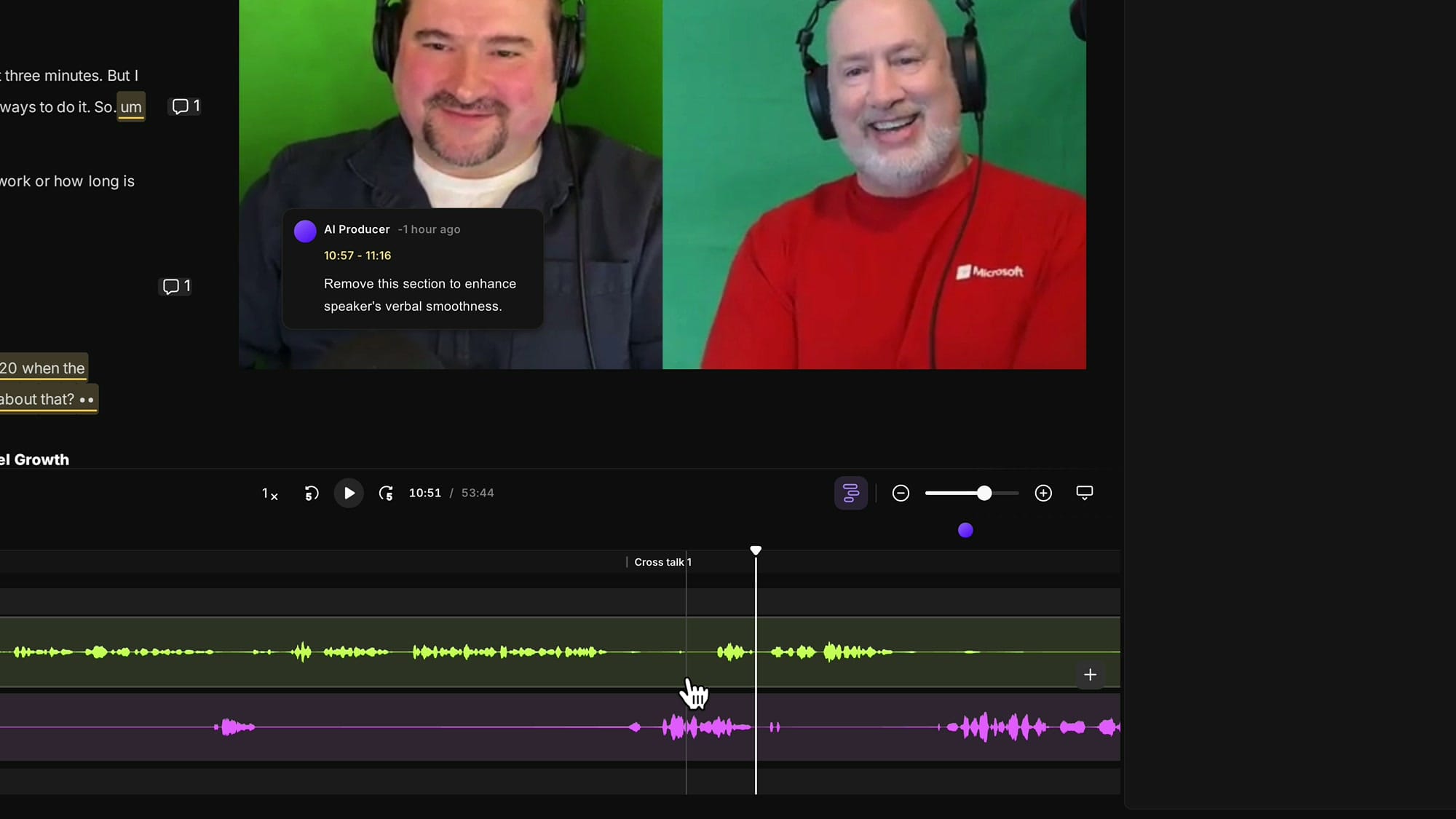 Expanded tracks in the Riverside editor showing Chris (green) talking over Cristi (purple) during the crosstalk