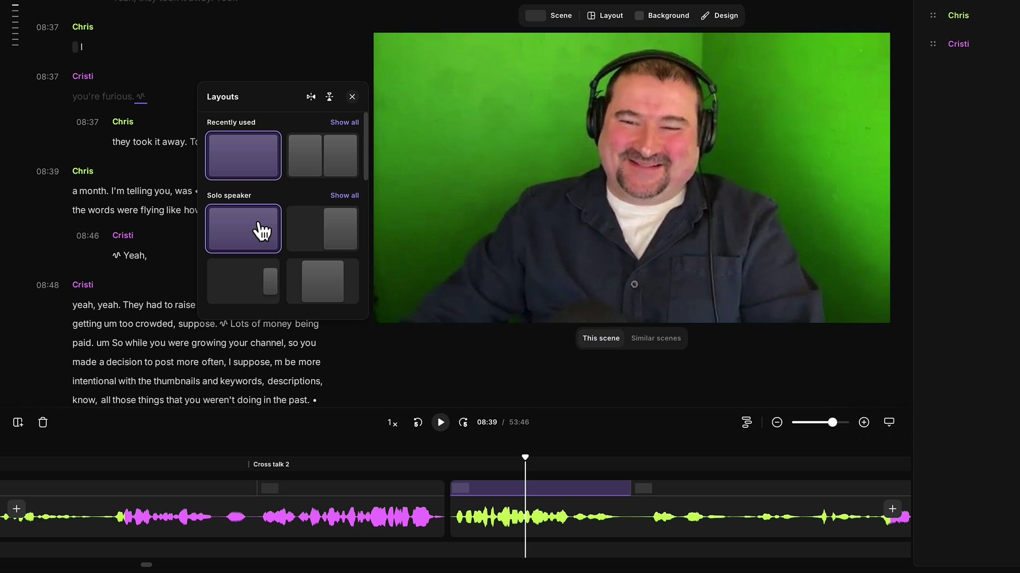 Layout picker showing Solo Speaker presets to switch the visible speaker for a scene
