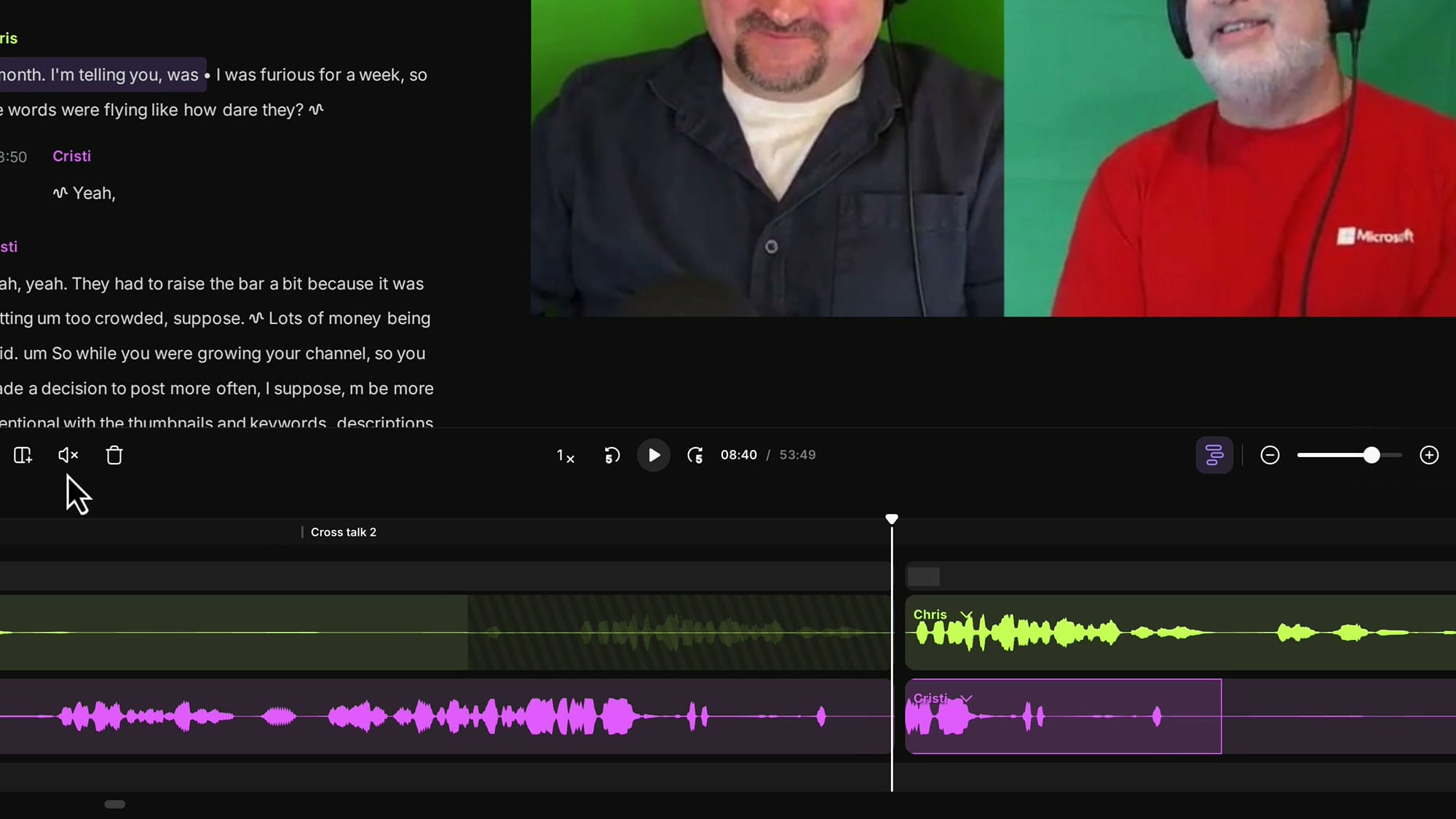 First copy has Chris's audio muted (striped green); second copy has Cristi's audio muted (striped purple)