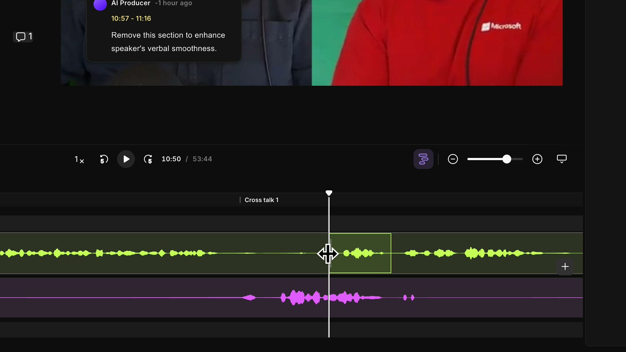 Click-drag selection on Chris's overlapping audio before muting