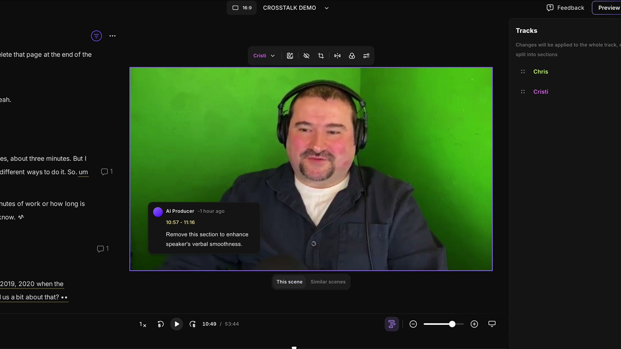 Riverside Single Speaker scene showing only Cristi on screen while Chris is muted