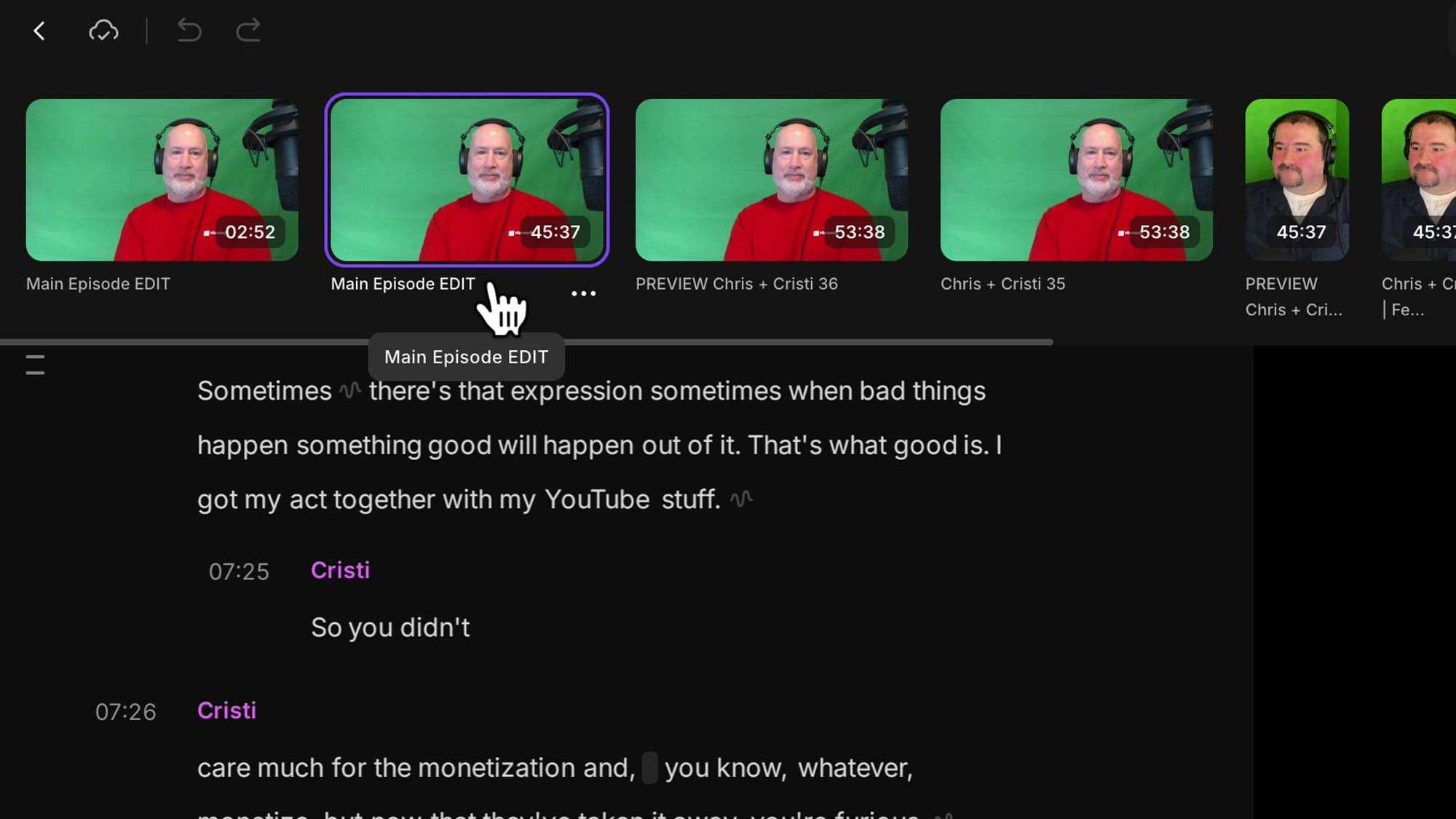 Riverside drawer at the top of the editor showing the original edit and a new 02:52 edit with the same name