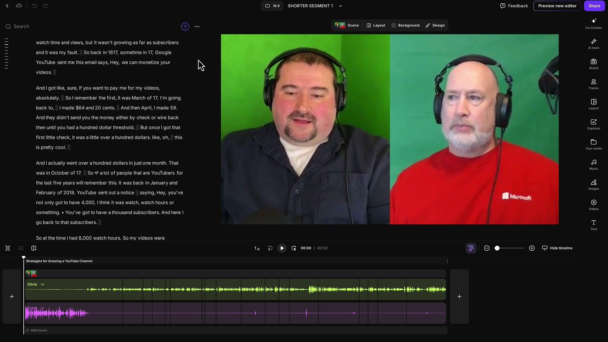 Riverside format dropdown showing 16:9, 1:1, 9:16, and Audio only options