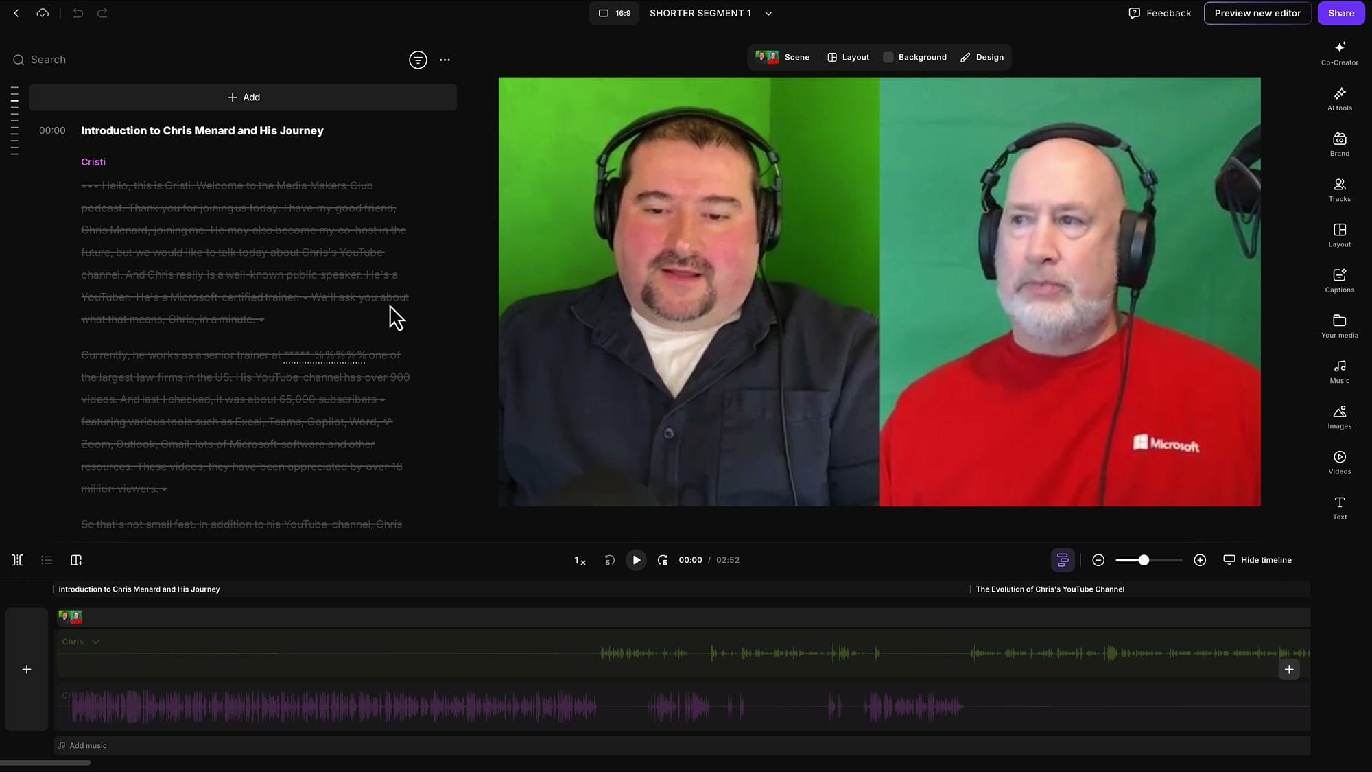 The new SHORTER SEGMENT 1 edit showing crossed-out text from the original edit