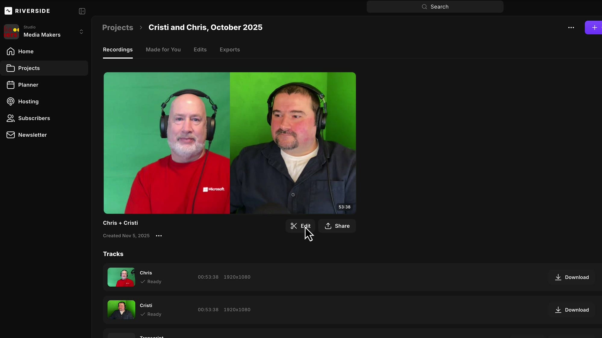 Riverside Recordings tab showing the Edit button on a recording