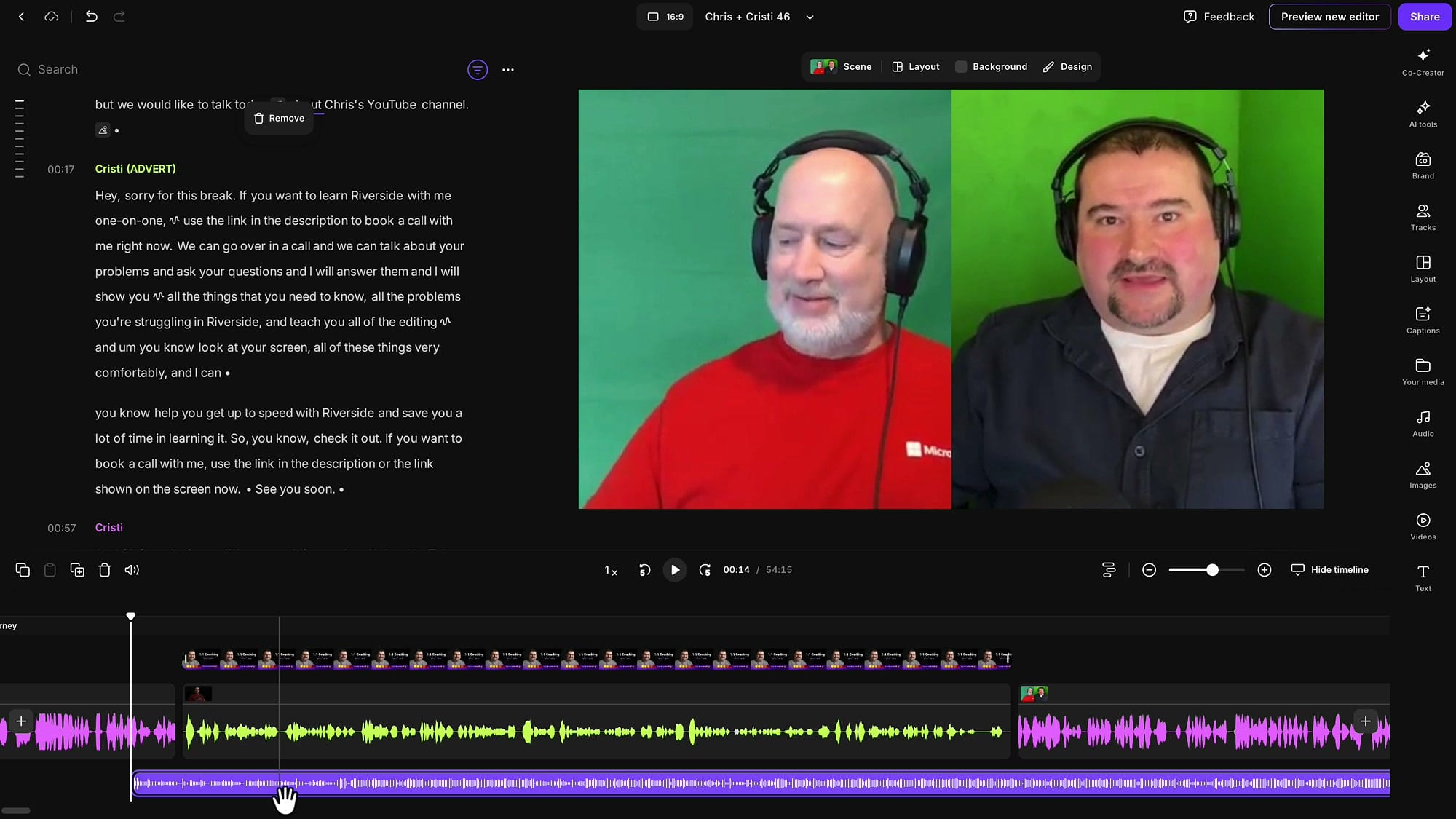 Riverside timeline with an uploaded music file placed on its own dedicated track at the bottom