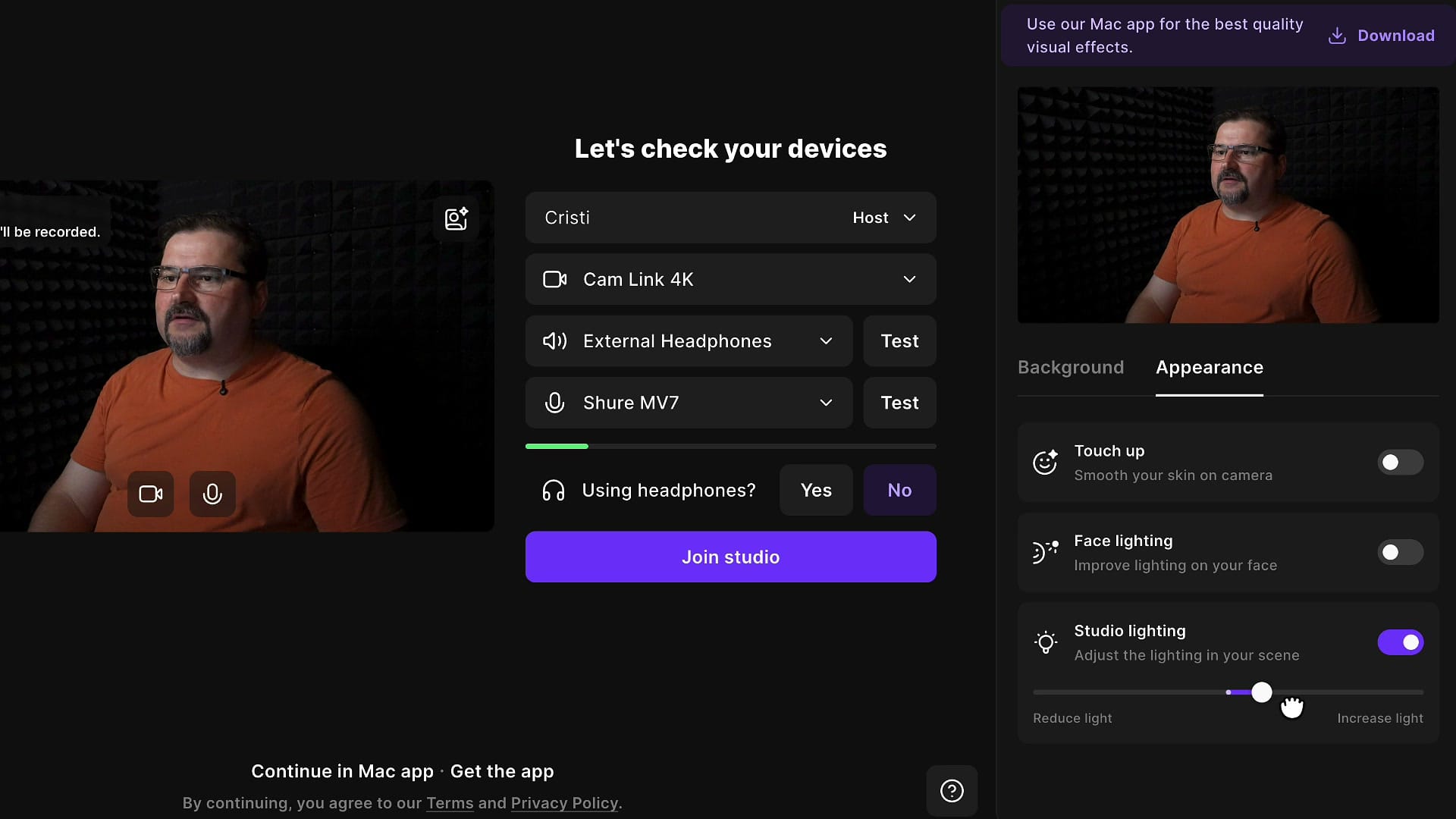 Riverside Studio Lighting slider in the Appearance tab