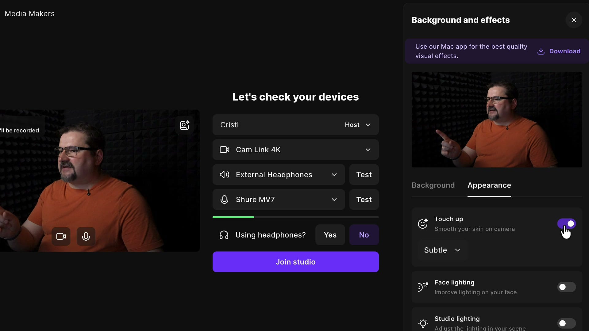 Riverside Appearance tab with Touch Up enabled on the Subtle setting