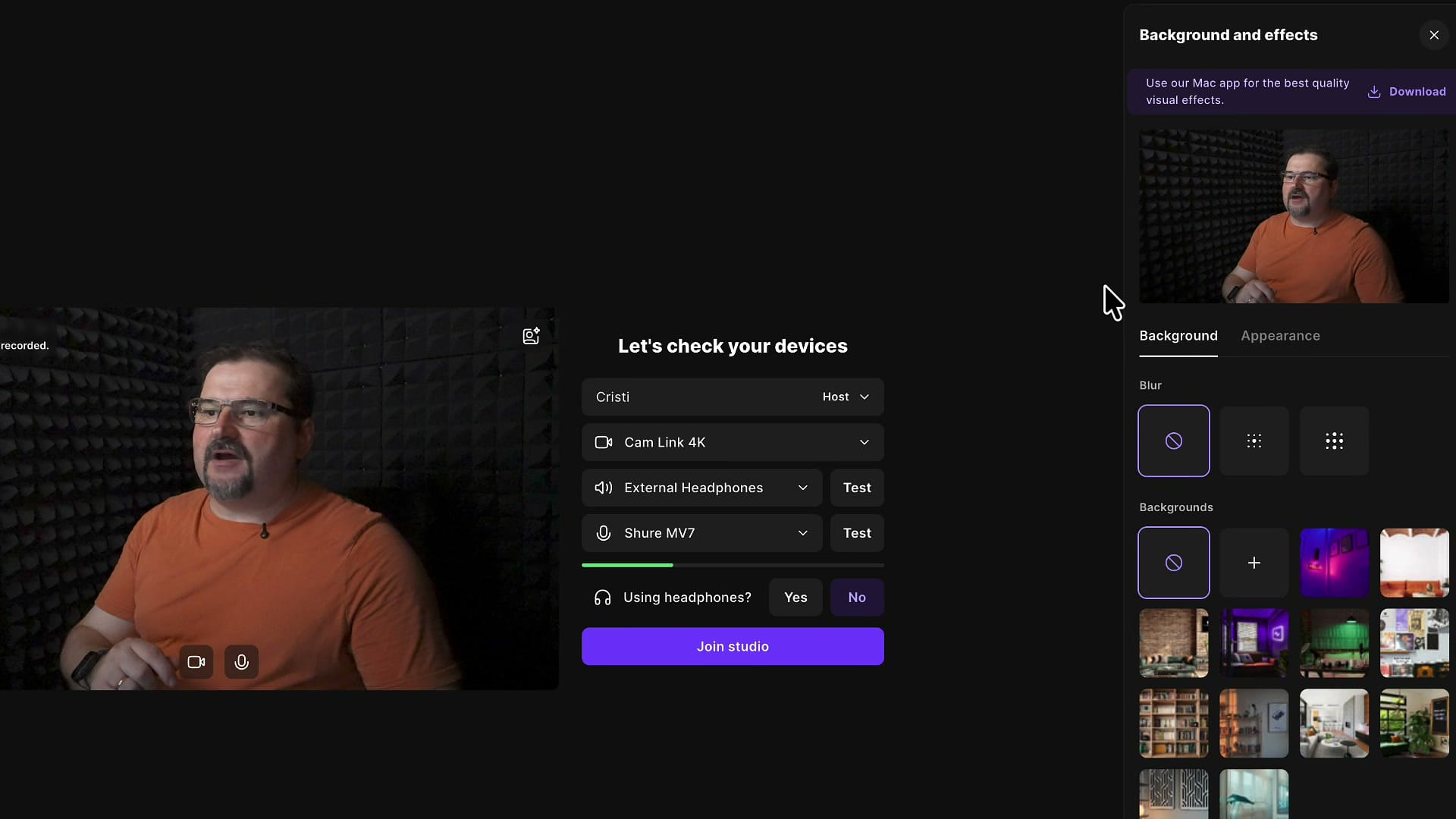 Riverside Background and effects panel open on the Background tab