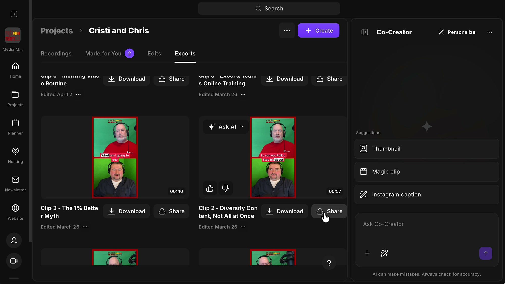The Exports tab in a Riverside project with the Share button next to each clip