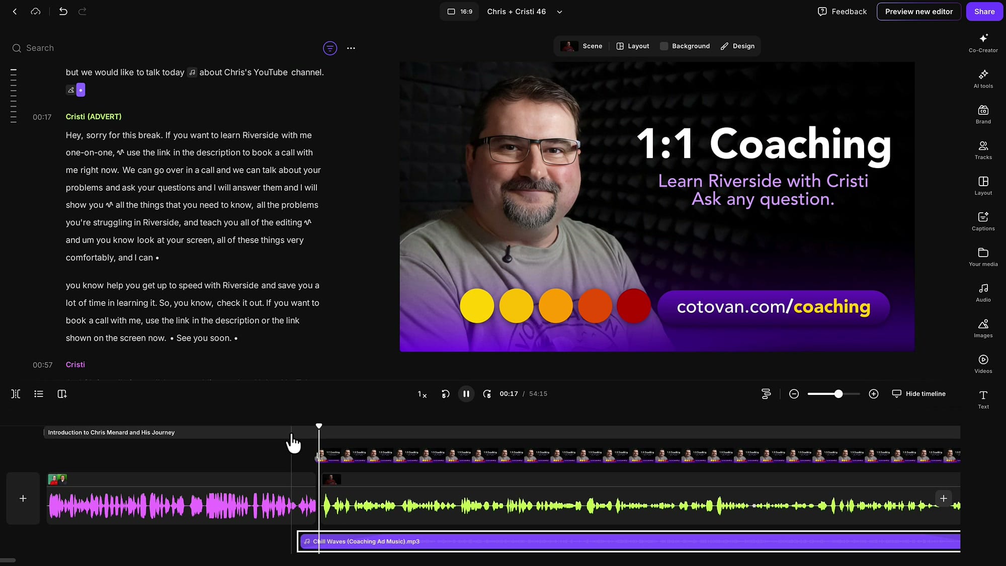 Riverside timeline showing the finished ad break: the coaching image filling the frame, the ad audio track, and a named music track below