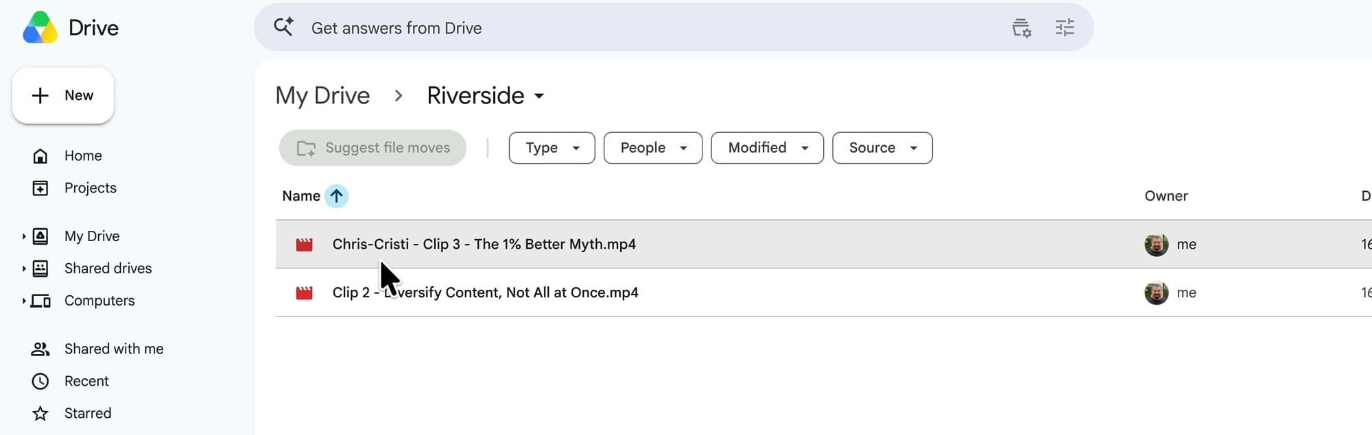 Two video files in the Google Drive Riverside folder, one with a Chris-Cristi name prefix