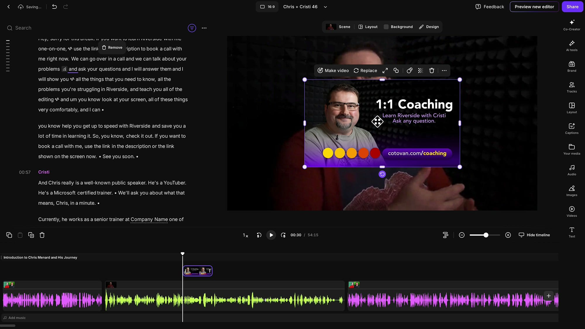 Riverside editor with a coaching image filling the canvas as B-roll over the ad, shown on its own timeline layer
