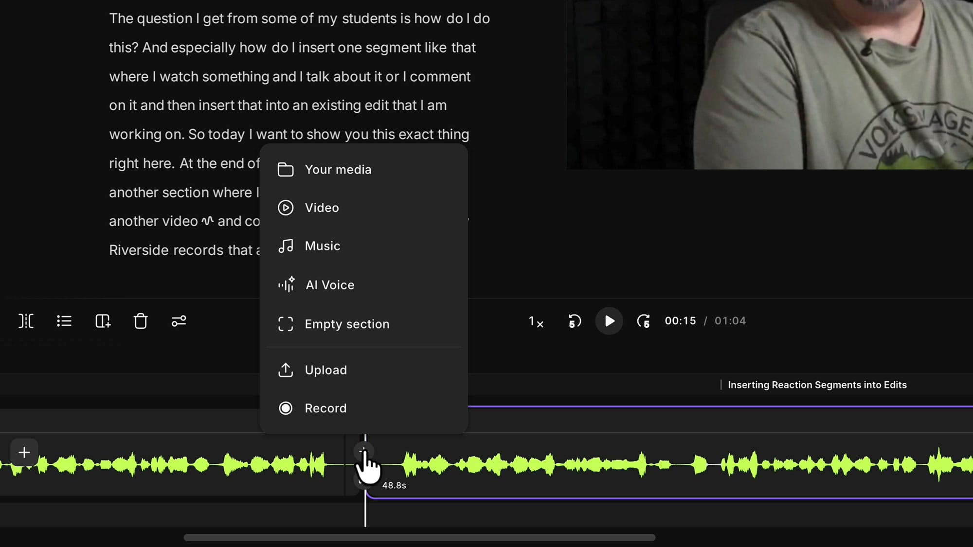 Riverside insert menu showing Your media, Video, Music, AI Voice, Empty section, Upload, and Record options