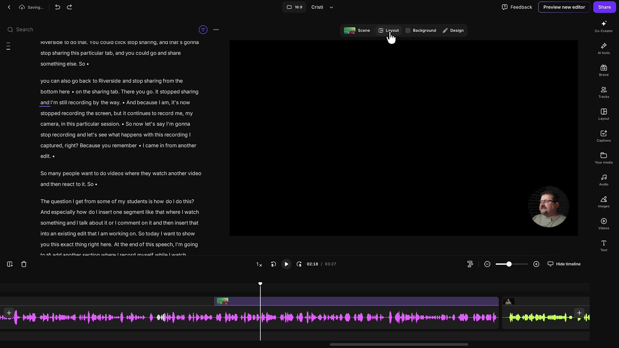 Riverside editor adding a scene break where the screen share ended, switching to a solo speaker layout