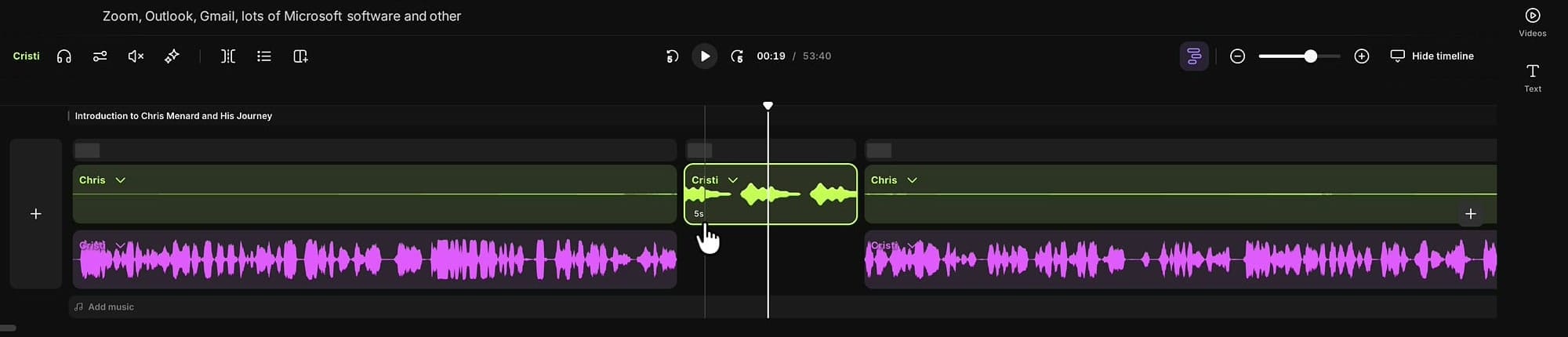 Riverside timeline showing the newly inserted recording as a short green segment between two existing clips