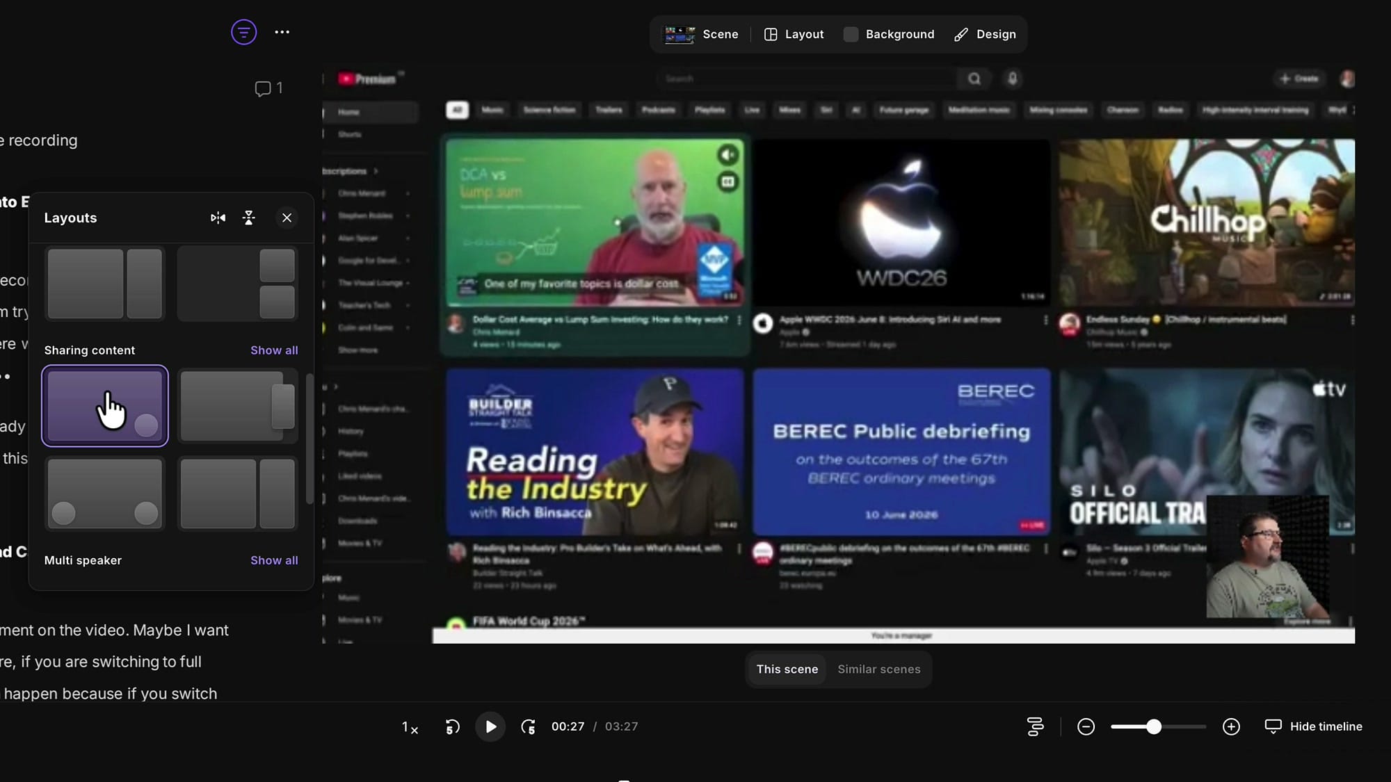 Riverside Layout panel open with Sharing content layout options, alongside the screen and camera in the canvas