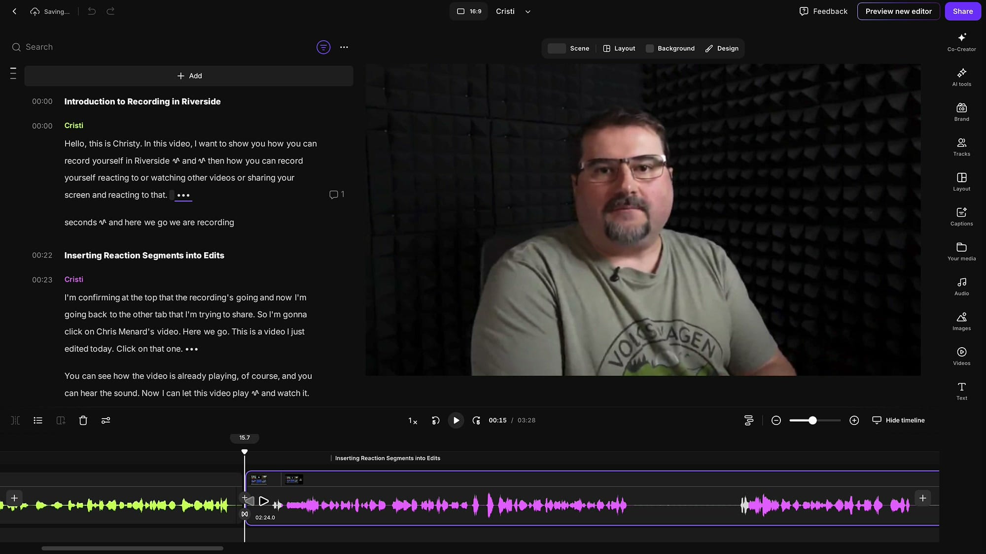 Riverside timeline with the newly inserted reaction recording shown in a different color from the original clips