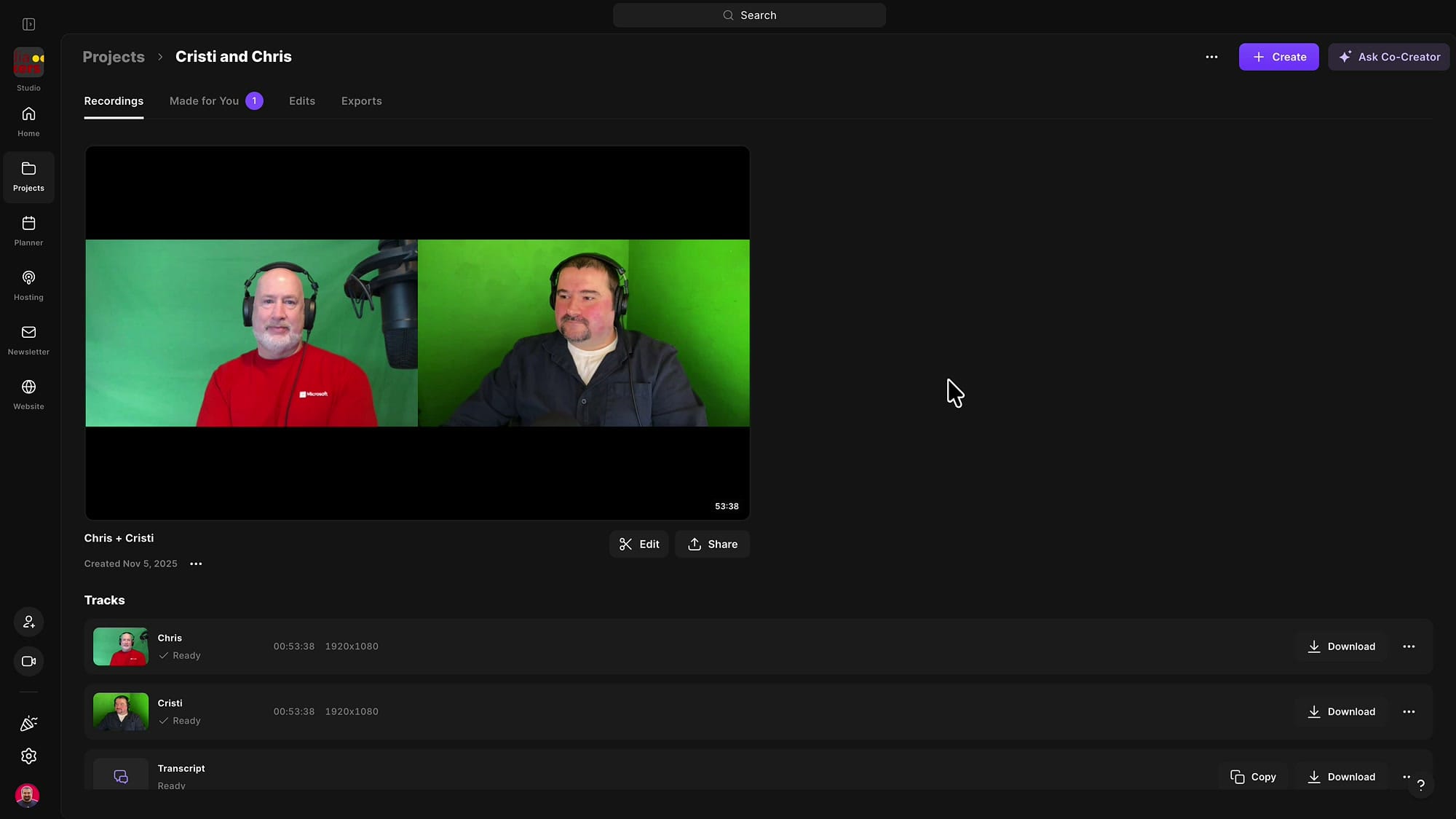 Riverside Recordings tab showing a podcast recording with Edit and Share buttons