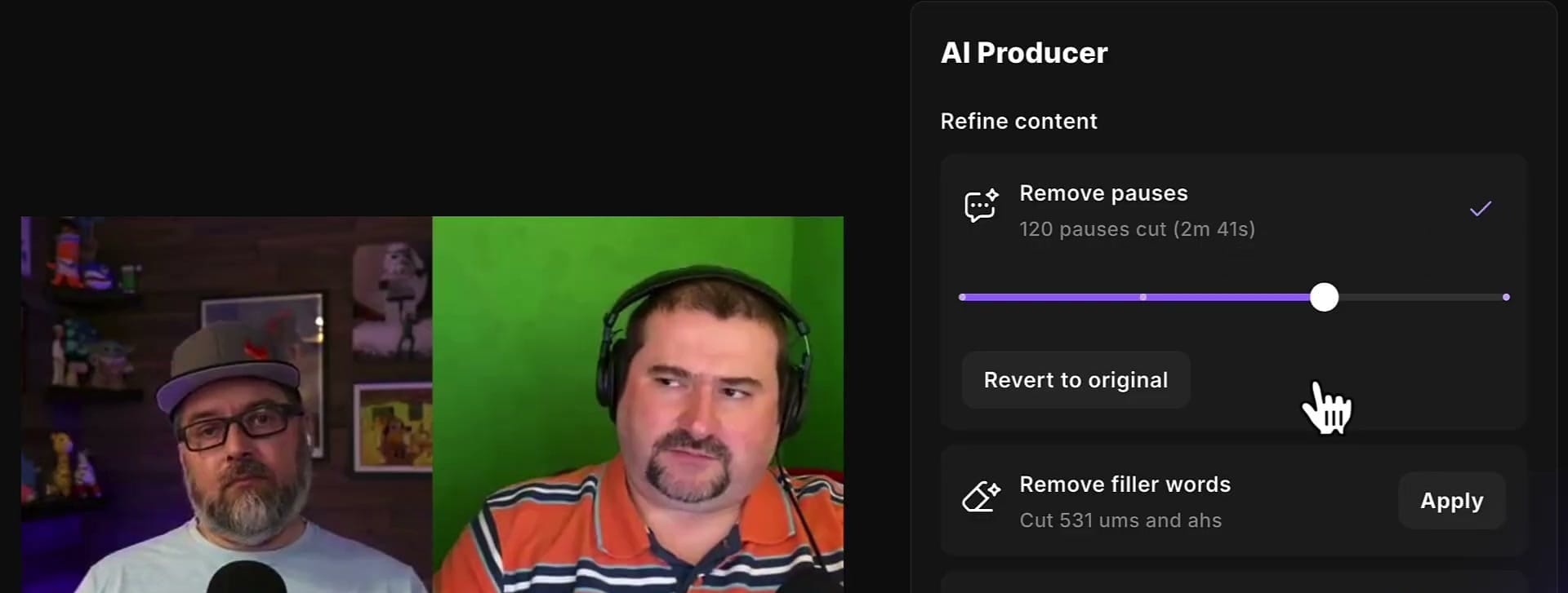 Slider at mid position showing 120 pauses cut totaling 2 minutes 41 seconds with Revert to original button